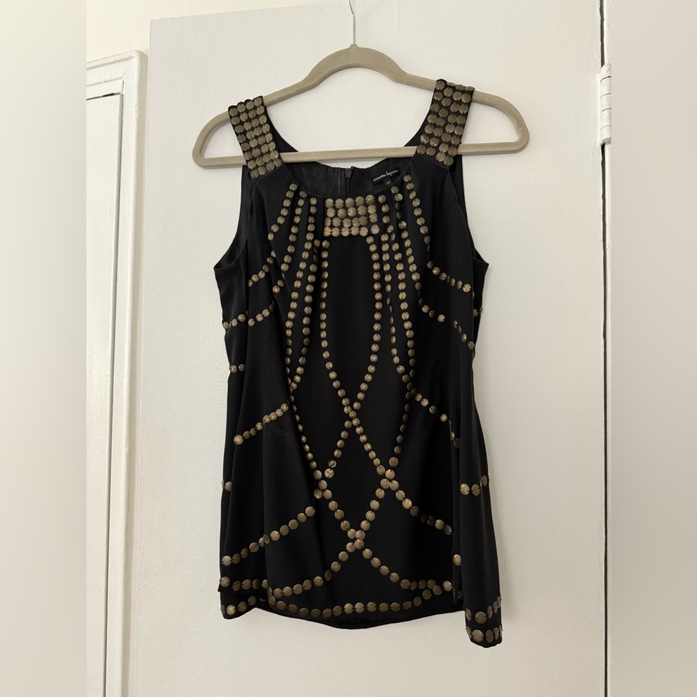 Nanette Lepore Elegant Black Zip-Up Tank Shirt with Gold Buttons